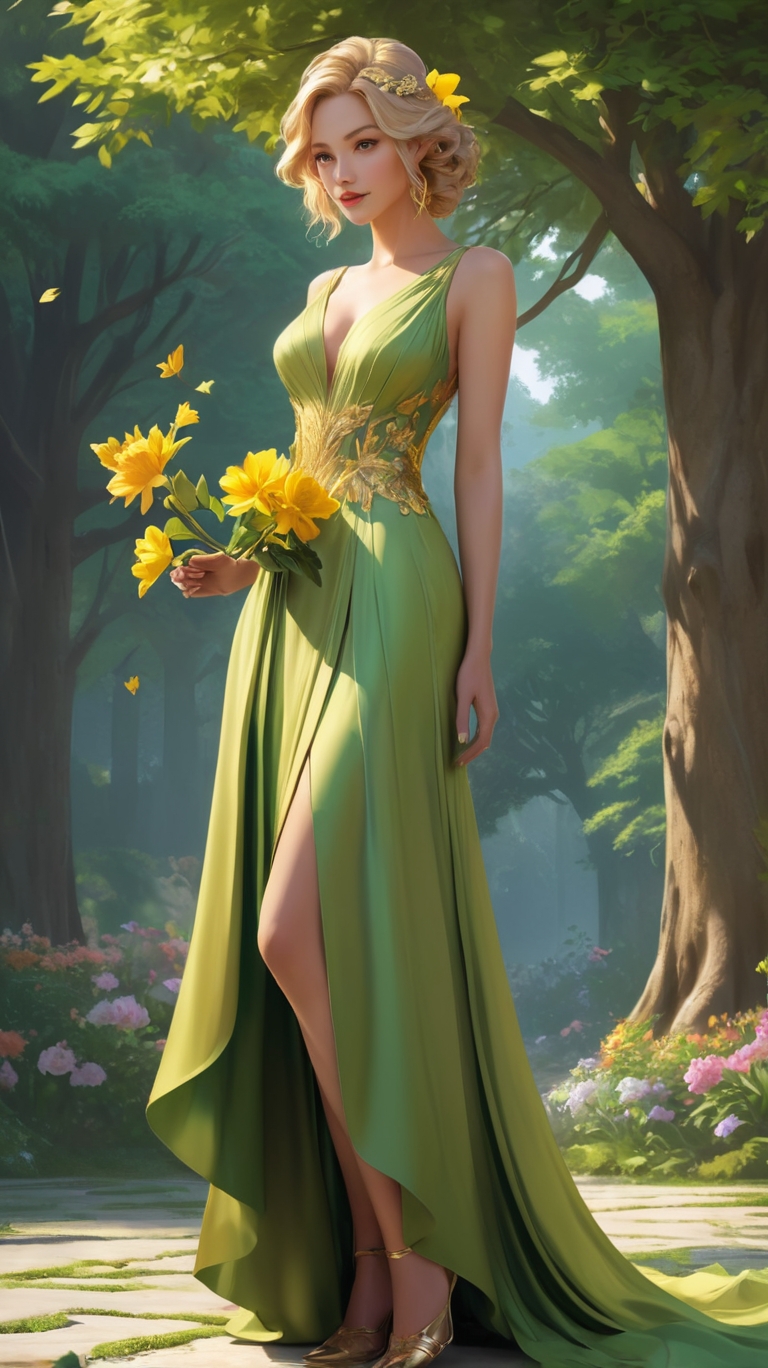 Lonely girl in Forest with flowers